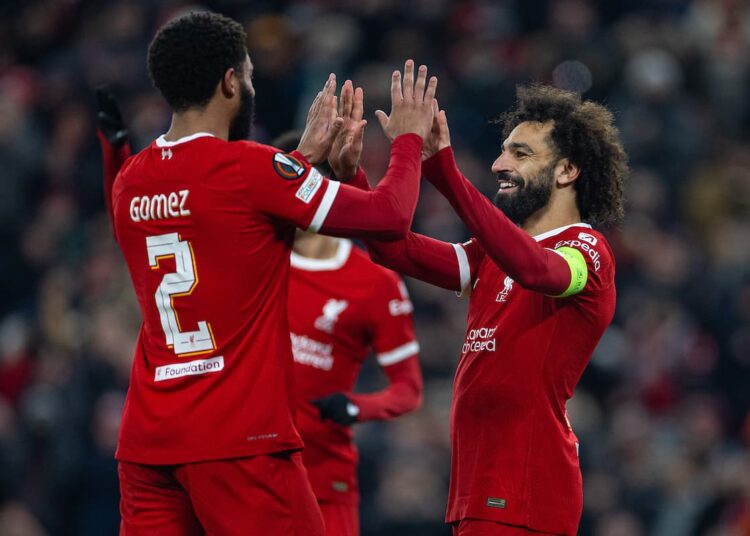 LIVERPOOL, ENGLAND - Thursday, November 30, 2023: Liverpool's captain Mohamed Salah (R) celebrates after scoring the third goal from a penalty kick during the UEFA Europa League Group E matchday 5 game between Liverpool FC and LASK at Anfield. (Photo by David Rawcliffe/Propaganda)