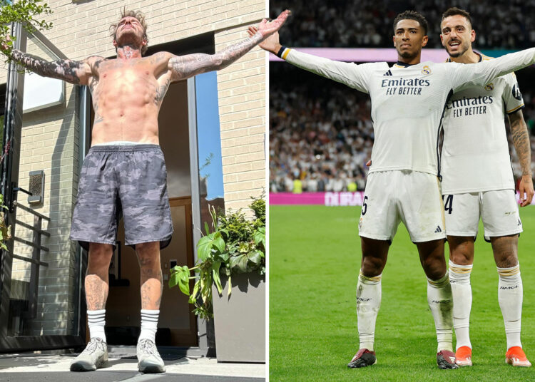 El desgarrado David Beckham se desnuda para imitar la celebración de Jude Bellingham en una extraña publicación felicitándolo