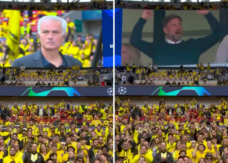 José Mourinho y Jurgen Klopp reciben reacciones muy diferentes en Wembley cuando el exjefe del Manchester United aparece en la televisión en vivo.