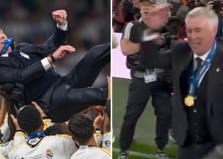 Mira a Carlo Ancelotti liderar a las estrellas del Real Madrid en un baile loco antes de que lo arrojen al aire después de la final de la Liga de Campeones.