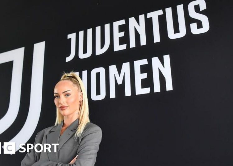 Alisha Lehmann posing in front of a Juventus badge