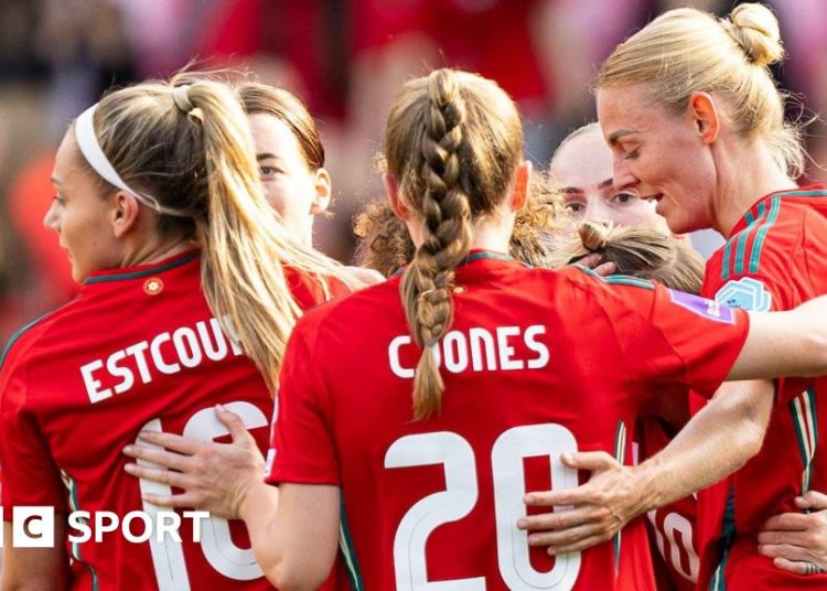 Wales women celebrate goal