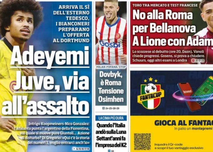 Periódicos de hoy - Adeyemi llega a la Juventus, Dovbyk a la Roma, tensión por Osimhen