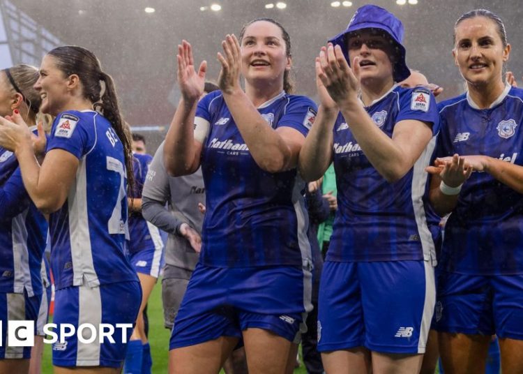 Cardiff City Women celebrate after rounding off last season with a thumping win over Wrexham in April